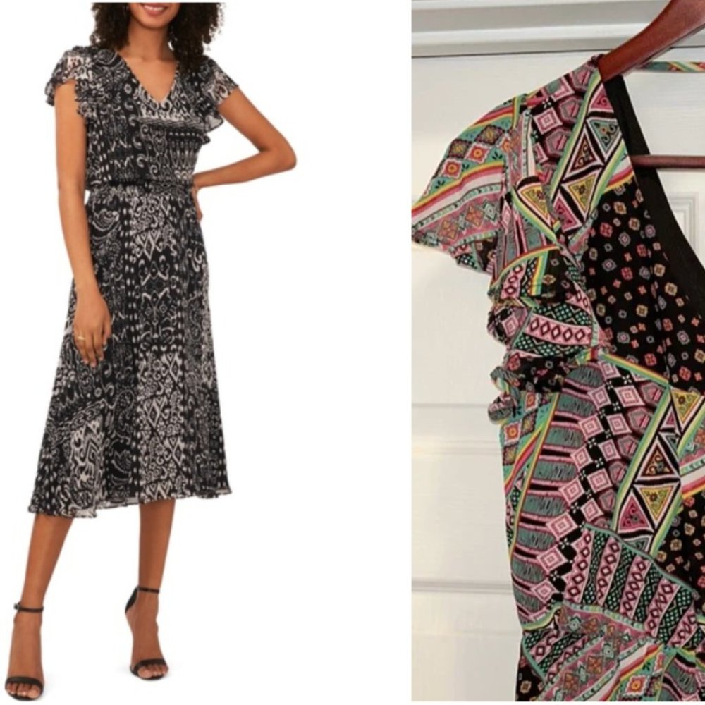 Chris & Carol patchwork flutter sleeve midi dress szS
